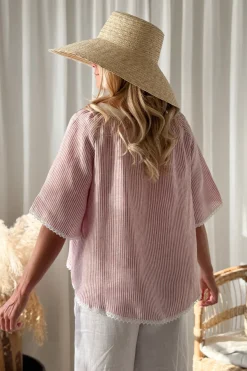 Alessia pellavapaita, pink stripe + white lace