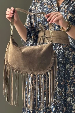 Boho Fringe nahkalaukku, konjakki
