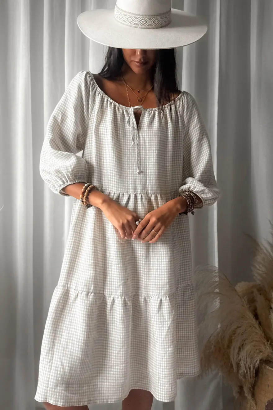 Emilia long pellavamekko, beige check
