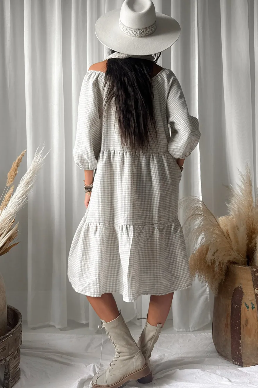 Emilia long pellavamekko, beige check