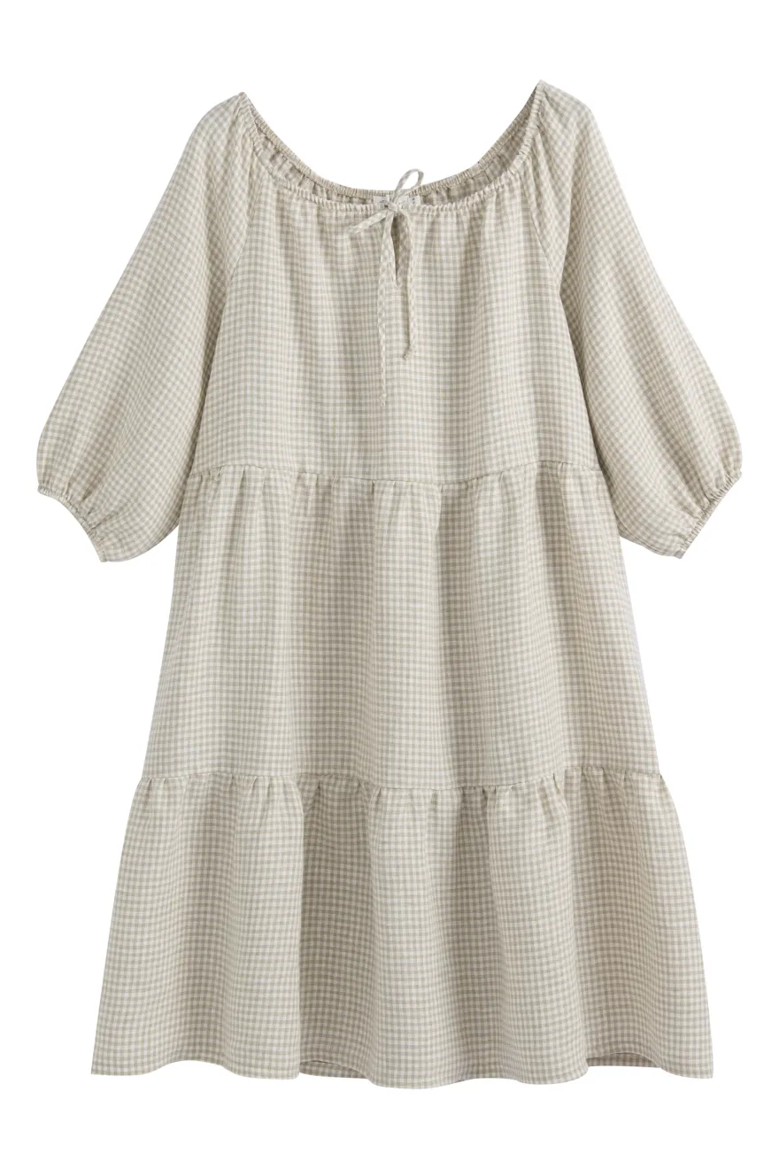 Emilia long pellavamekko, beige check