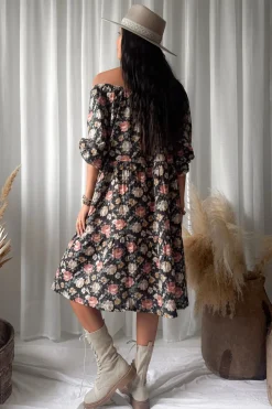 Emilia puuvillamekko, black cottage floral