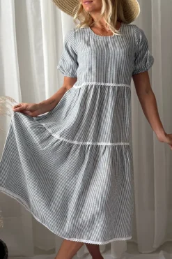 Helen pellavamekko, blue stripe + white lace