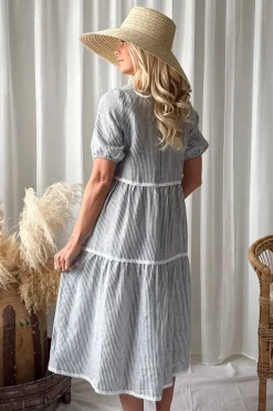 Helen pellavamekko, blue stripe + white lace