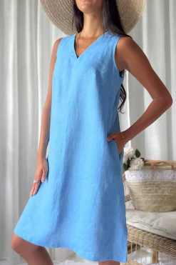 Less is More v-neck pellavamekko, heavenly blue
