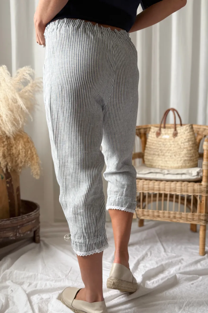 Mameluk pellavacaprit, blue stripe+valkoinen pitsi