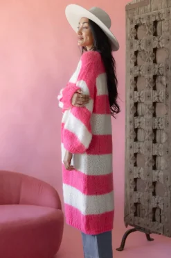 Stripes long neuletakki, coral-white