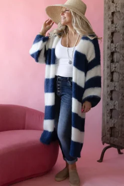 Stripes long neuletakki, navy-white