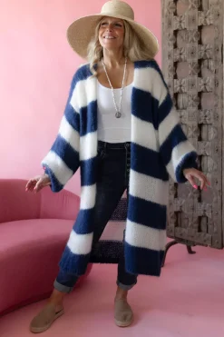Stripes long neuletakki, navy-white