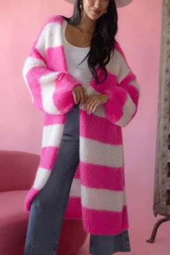 Stripes long neuletakki, pink-white