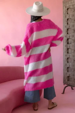 Stripes long neuletakki, pink-white